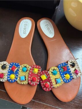 Evacol Multicolor Jeweled Slide Sandals — Brown Footbed
